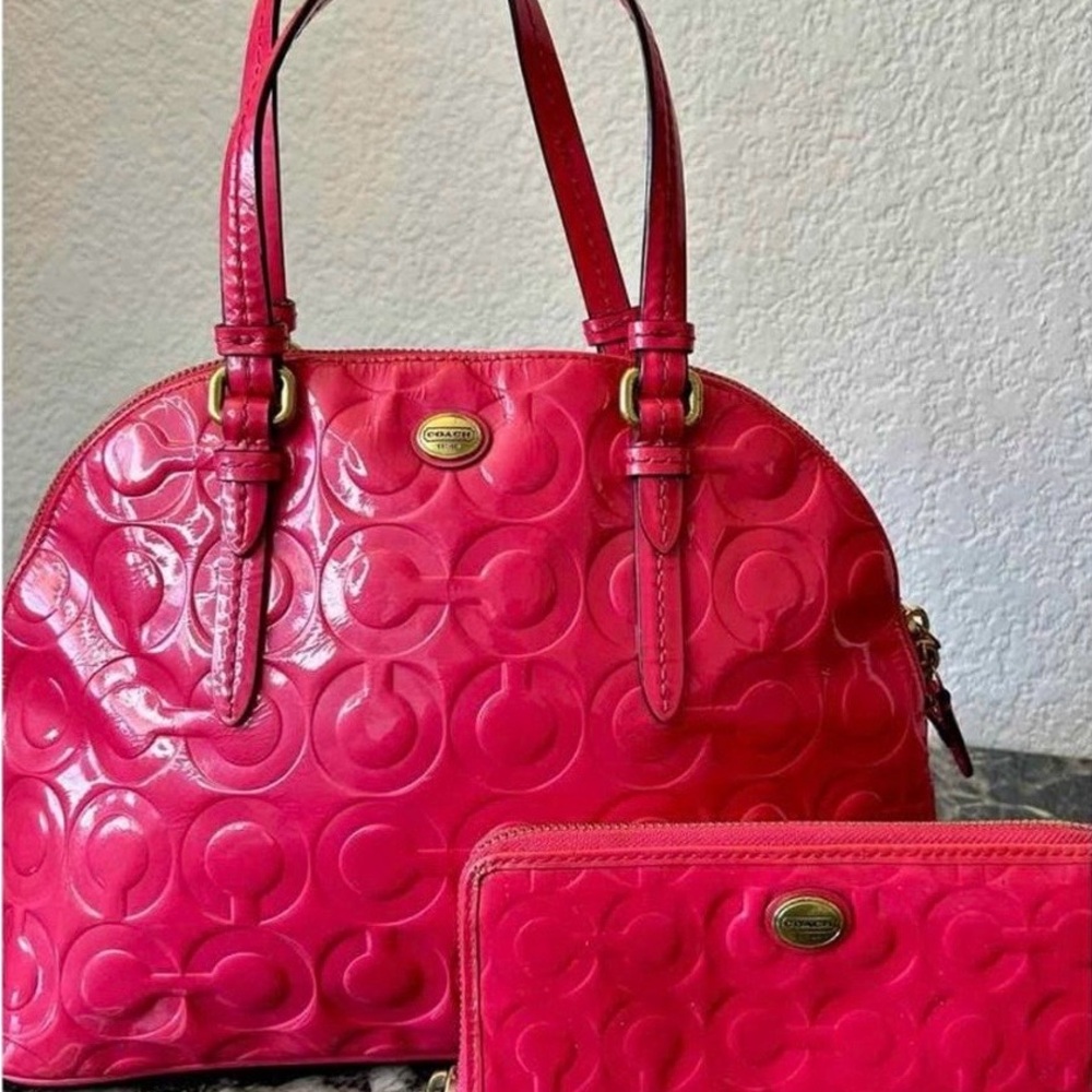 SOLD Coach Hot Pink Embossed Leather Dome Satchel with Wallet